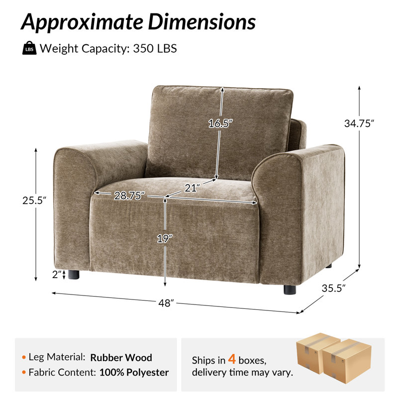  Bernice Modern 48" W Oversized Upholstered Armchair with Removable Back Cushion, Sand