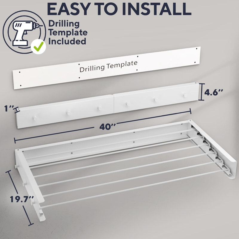 Foldable Wall Mounted Drying Rack 40 Inch - Easy To Install Hanging Rack For Laundry Room - Space Saving Design With 66-Lb Capacity