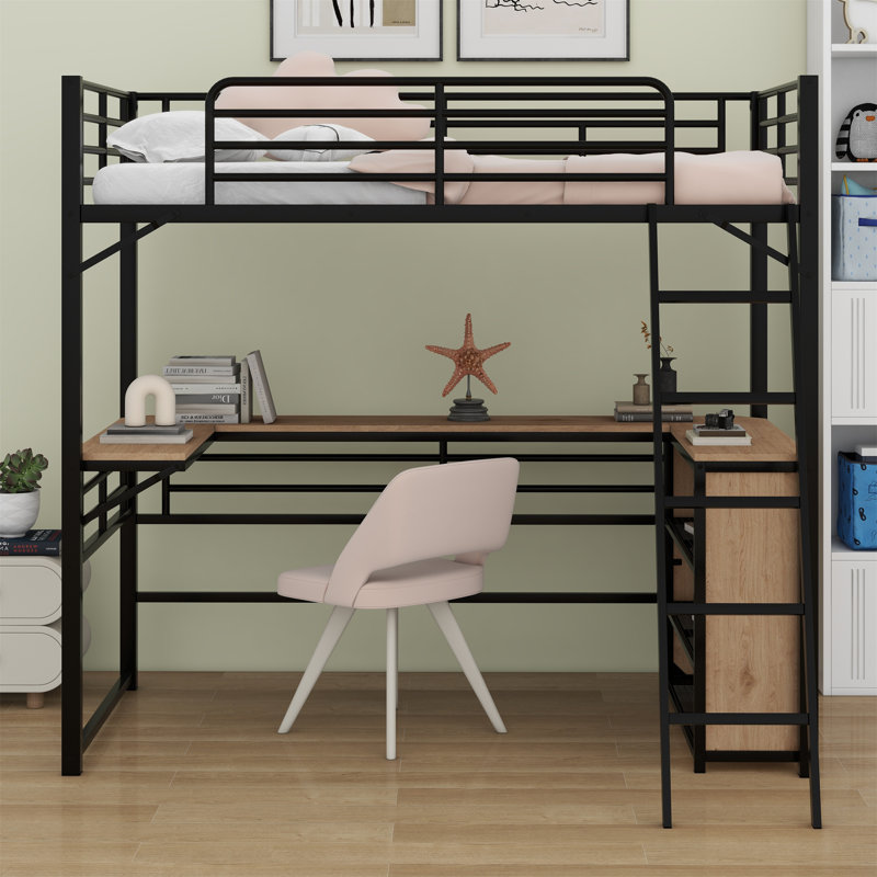 Lit mezzanine en métal avec tablettes et bureau en L, Noir