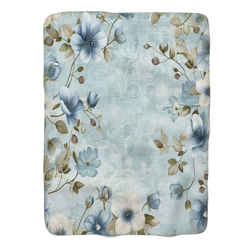 Floraux bleus vieillis - couverture en sherpa de qualité supérieure 1 pièce, Jeté