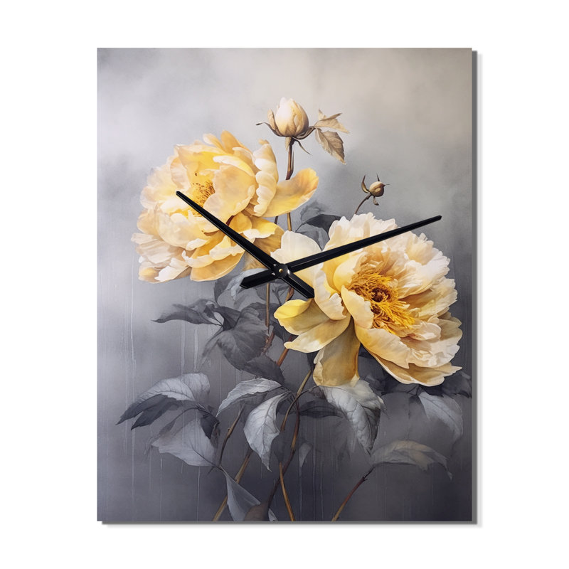 Horloge murale florale jaune et jaune pivoine Serenity, Très grand