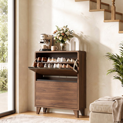 Shoe Storage Cabinet with 2 Flip Drawers, 12-16 Pair Wooden Shoe Rack Organizer for Entryway