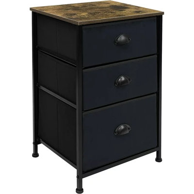  Table de chevet 3 tiroirs avec structure en acier, plateau en bois et bacs en tissu noirs avec plateau en bois