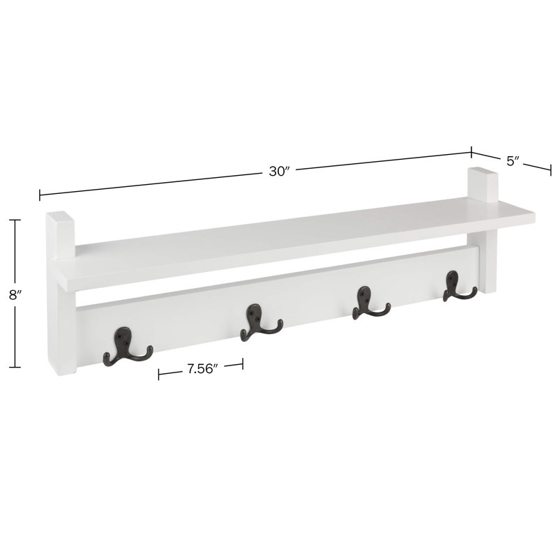 30" Wide Cottage Beach House Design Wall Mounted Coat Rack with 4 Hooks And 1 Shelf Tray, White