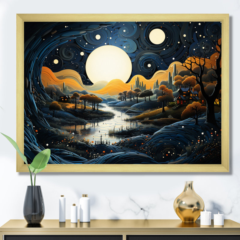 River Pointillism Charm At Night V sur impression sur toile, H 12 po x l 20 po x P 1 po, Cadre doré à une seule photo