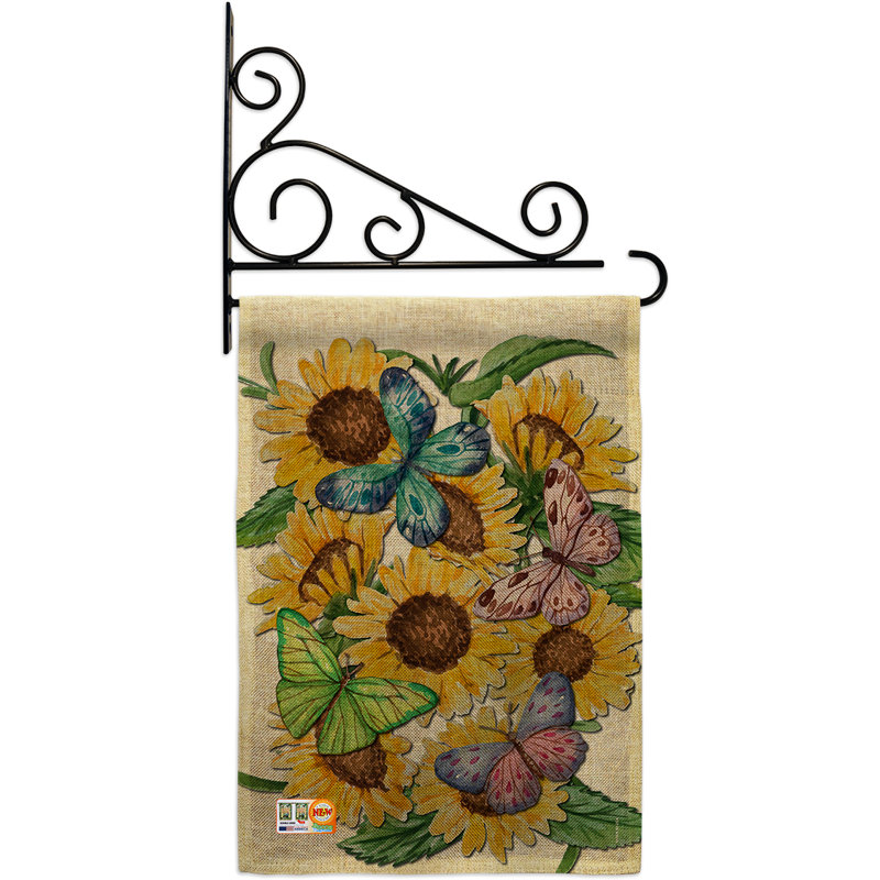 Papillons sur le tournesol 2 côtés en toile jute 19 x 13 po drapeau de jardin