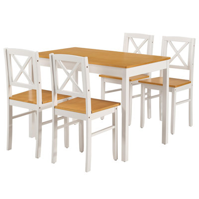 Ensemble de table de salle à manger 5 pièces en bois d'hévéa avec 4 chaises, ensemble de table et de chaises compactes blanc naturel pour petits espaces, appartement, salle à manger, restaurant - surface en bois massif lisse et facile à nettoyer