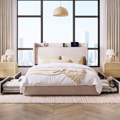 Modern Linen Upholstered Storage Bed Frame with 4 Drawers, Wingback Platform Bed with Charging Station and Storage Headboard, No Box Spring Needed