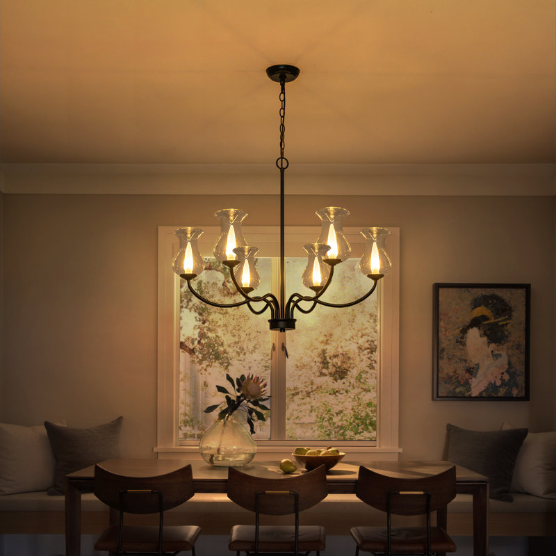 Lustre 6 lumières en fer noir mat avec abat-jour en verre transparent, luminaire suspendu de style campagne moderne à hauteur réglable pour salle à manger, îlot de cuisine et salon
