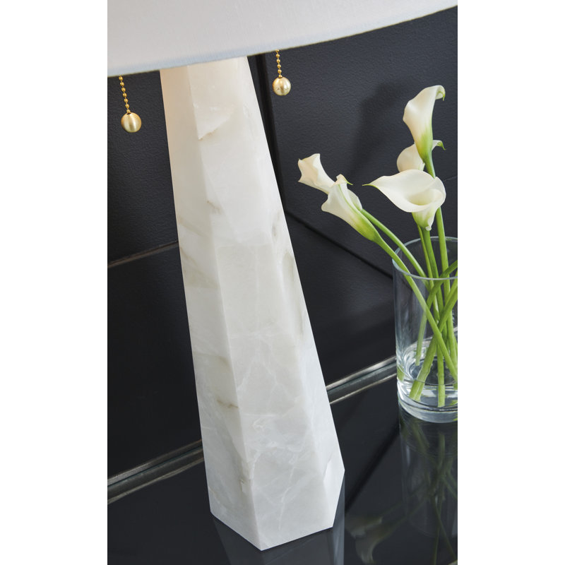 White Resin and Alabaster Table Lamp with Fabric Shade