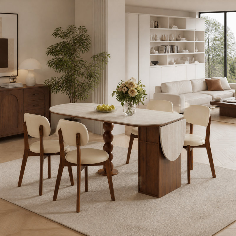 Ensemble de table de salle à manger 5 pièces Hosmer, table de salle à manger extensible en travertin de 54 à 71 po avec armoire de rangement et 4 chaises de salle à manger rembourrées en cuir