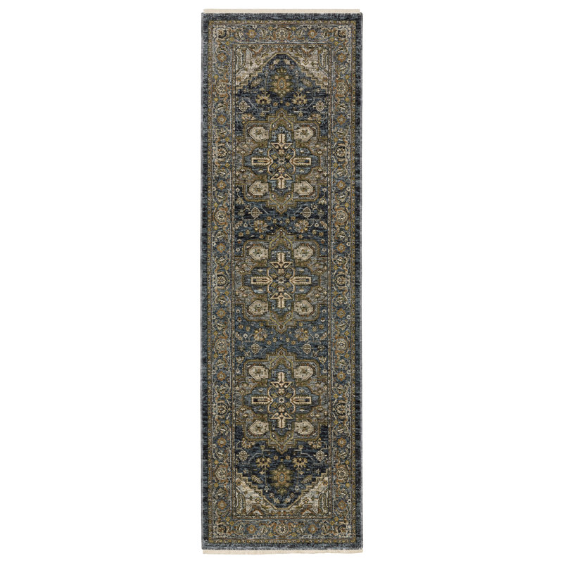 Tapis bleu / taupe Hovis, Tapis de couloir 2 pi 3 po x 7 pi 6 po