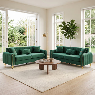 FX-P11-GR-2PC SOFA Emerald Green Velvet 2-Piece Sofa Set, Luxury Living Room Couch Set with Gold Metal Legs, Modern Upholstered Sofa Set with Deep Seat Comfort, Elegant Home Furniture