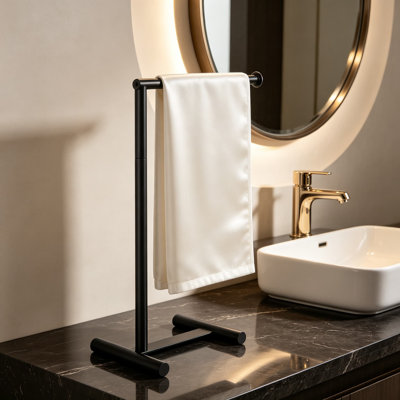 L-Shape Hand Towel Holder Stand, Metal Hand Towel Rack, Modern Countertop Towel Ring and Standing Towel Bar for Bathroom, Kitchen, and Vanity