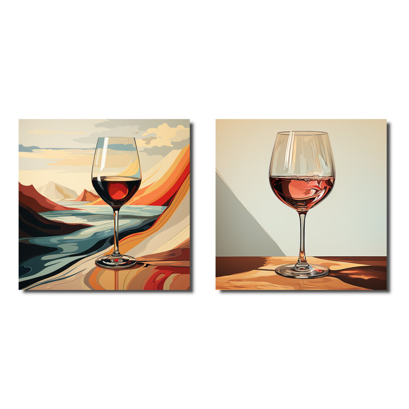 «Pink Crisp Elegance Of Wine Glass I», ensemble d'art mural sur toile 2 pièces, Toile tendue, H 36 po x l 73 po x P 1,5 po