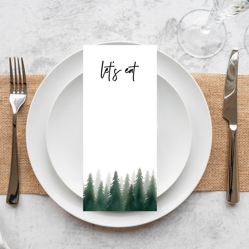 Aquarelle, arbres de pin, cartes de menu imprimables de papier de mariage de forêt Woodland pour imprimante de bricolage, paquet de 52