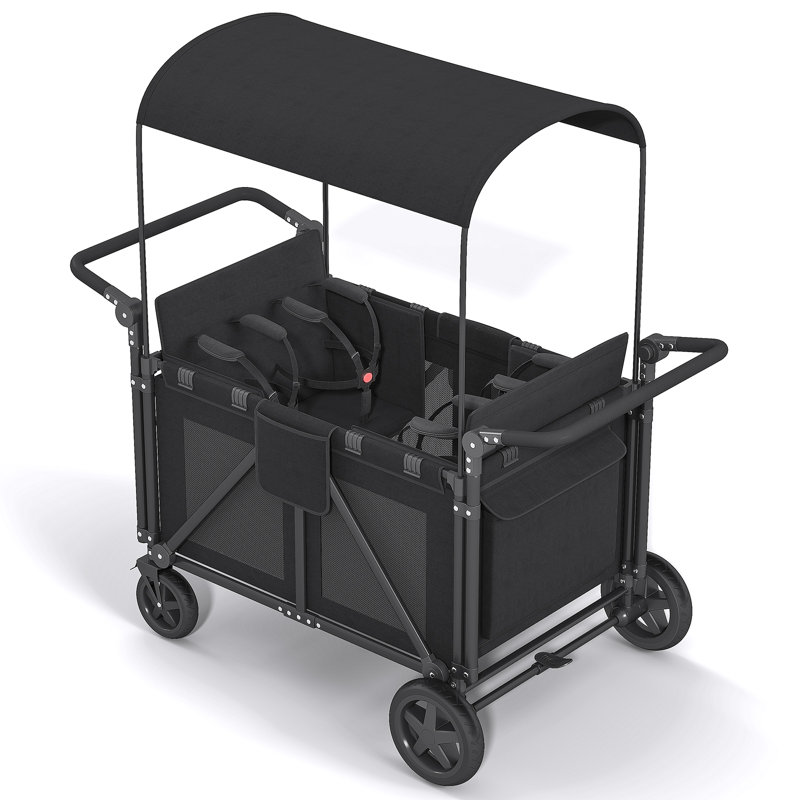 4-Seater Stroller Wagon, Folding Push-Pull with Canopy，One-step Foot Brake and 360° Swivel Wheels, 5-Point Harness, Black