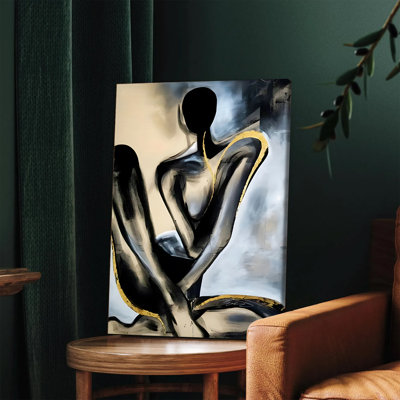 1PC, art mural, affiches encadrées, silhouette noire abstraite, art mural moderne, peinture abstraite avec accents dorés, décoration contemporaine pour le salon, chambre à coucher, bureau, œuvre d'art minimaliste prête à être accrochée