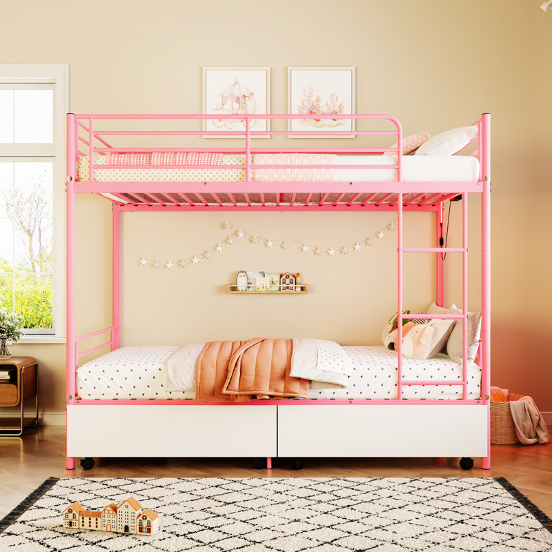 Lit superposé en métal rose avec station de charge, panneau de bar, rangement, lits séparables, pas de sommier dans le mur de la chambre à coucher,