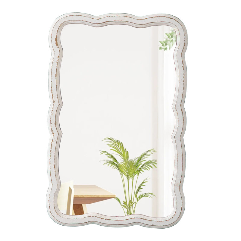 Distressed White Scalloped Rectangle Wall Mirror 16 x 24 Inch, Wooden Rustic Decorative Mirror, Vertical or Horizontal