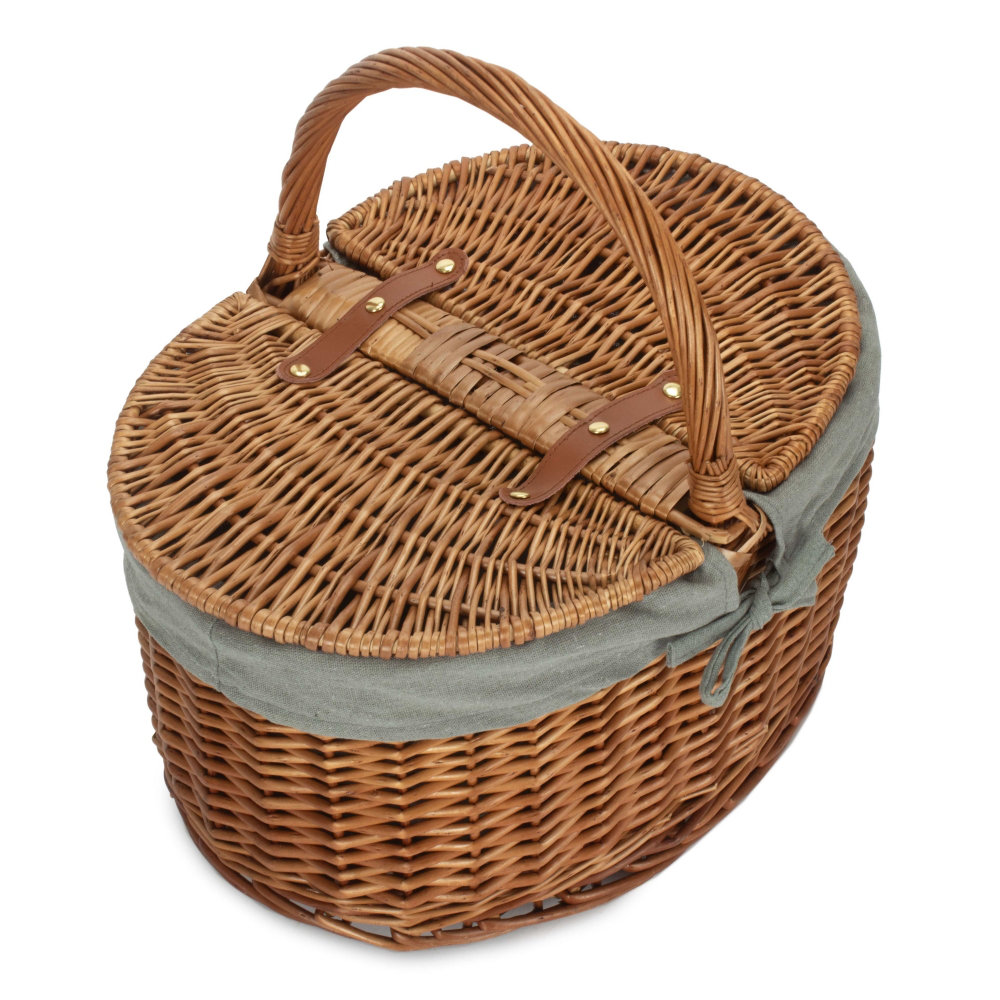 Wicker Empty Lidded Lined Oval Picnic Basket Hamper