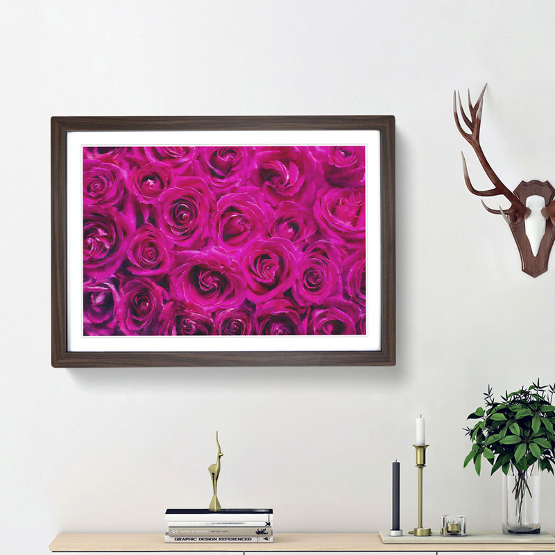 Wall of Bright Pink Roses - Picture Frame Painting Print, Walnut Framed, 45cm H x 63cm W x 2cm D