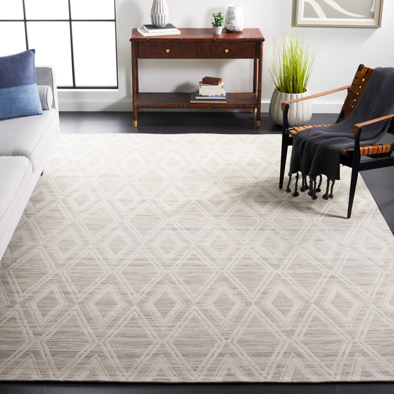Tapis brun clair / ivoire en laine tissé à la main à motif géométrique Amritpal, Rectangle 10 pi x 14 pi