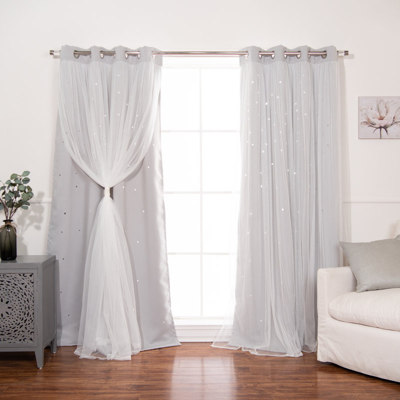 Jenifer Tulle Overlay Star Cutout Solid Room-Darkening Grommet Curtain Panels, 52" W x 96" L, Light Gray