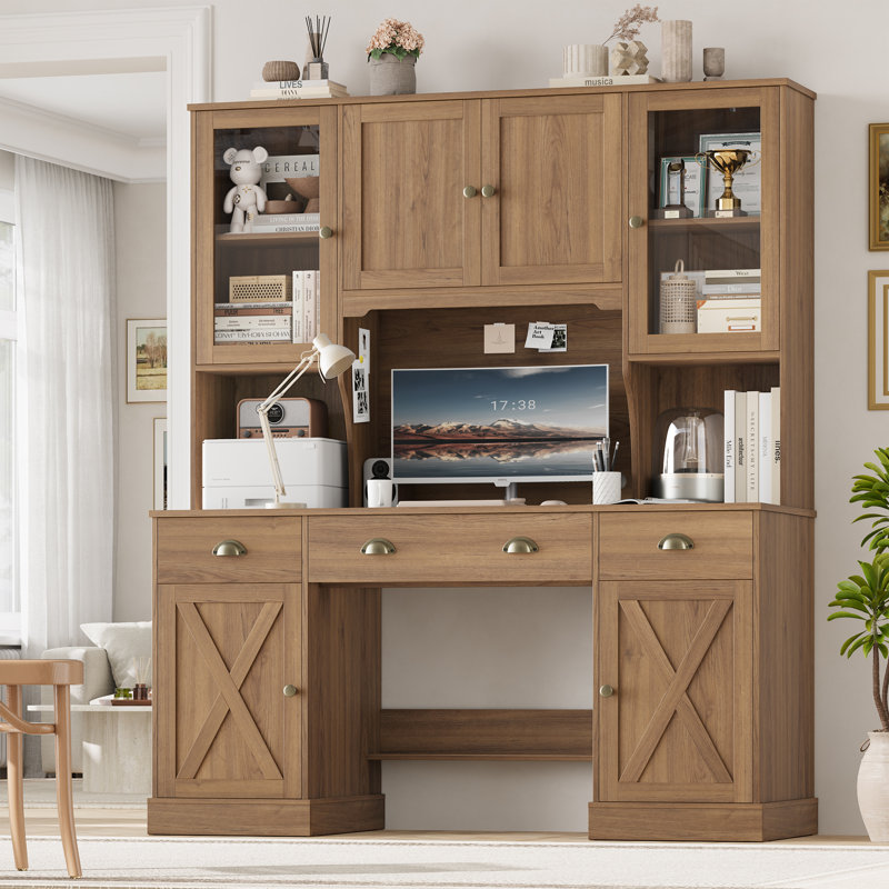 🖥️ Farmhouse Style 63"W Computer Desk with Hutch – Adjustable Shelves, Storage Cabinets & Cable Management for Modern Workspaces