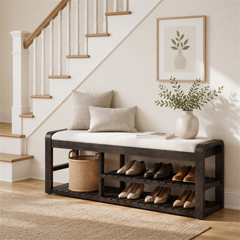 Banc de rangement pour chaussures en bois massif de 55 po, banc d'entrée rembourré avec coussin amovible, Marron foncé