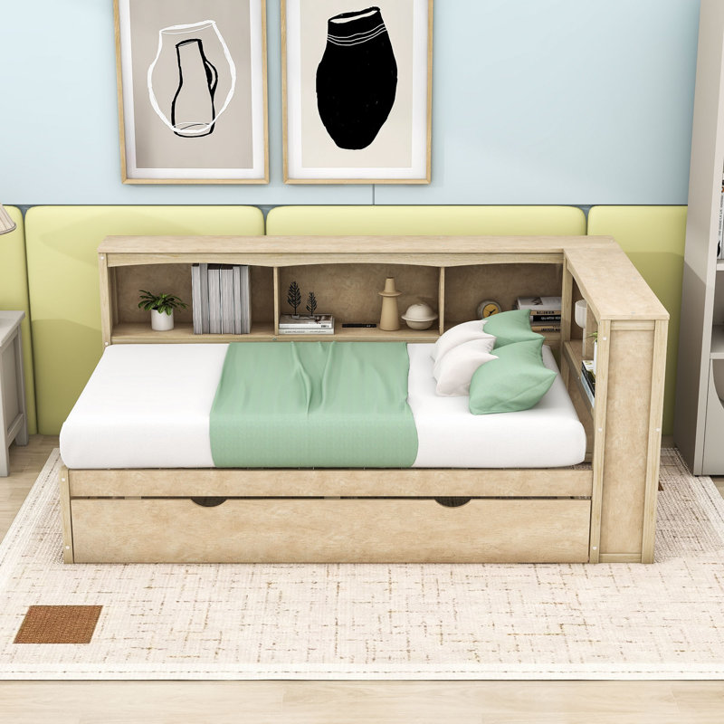 Twin Size Daybed, Built-In Storage, and Charging Station, Wood, Trundle