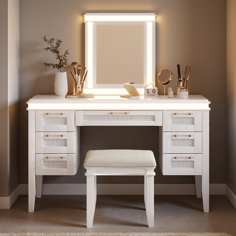48" Vanity Desk With Mirror And Lights, Makeup Vanity With 7 Drawers And Cushioned Stool, Classic Finish Dressing Table With Hollow Design Drawer For Bedroom, Rubber Wood Legs
