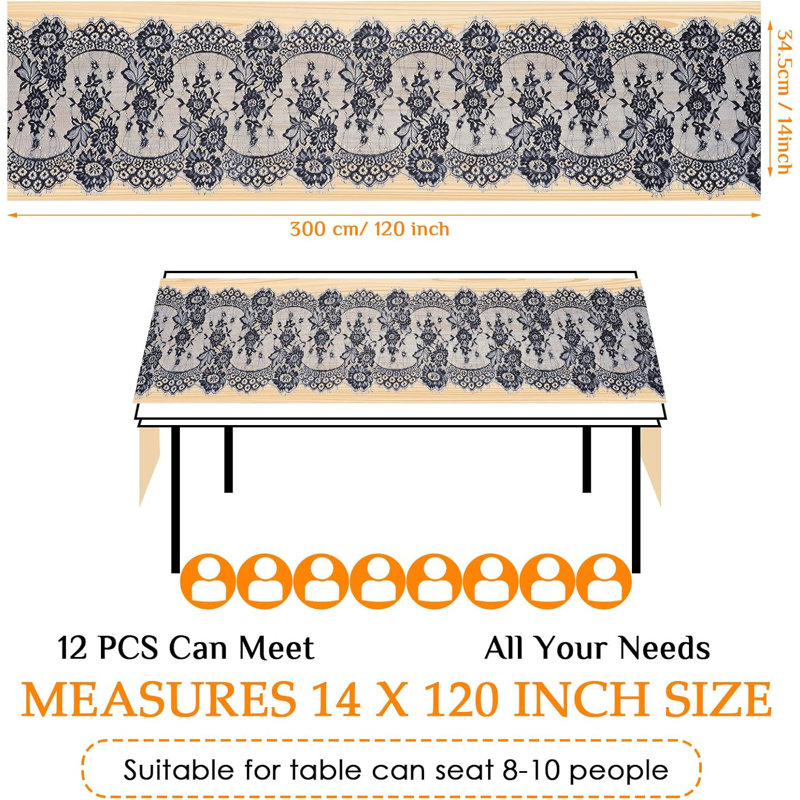 12 Pcs Black Lace Table Runners Rustic Wedding Lace Table Runner Decor Vintage Romantic Black Lace Table Cloth Party Decor For Halloween Engagement Hotel Home Table(Classic)