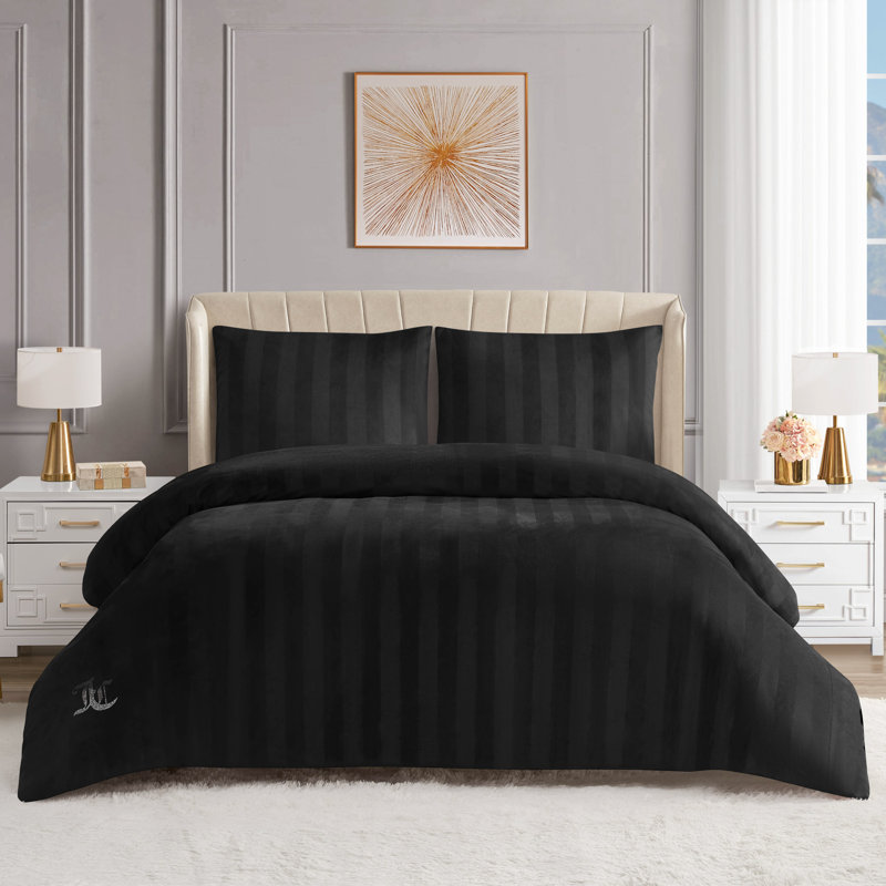 Juicy Couture Jenny Velour Striped Jacquard Comforter Sets, Black, Twin/Twin XL Comforter + 1 Standard Sham