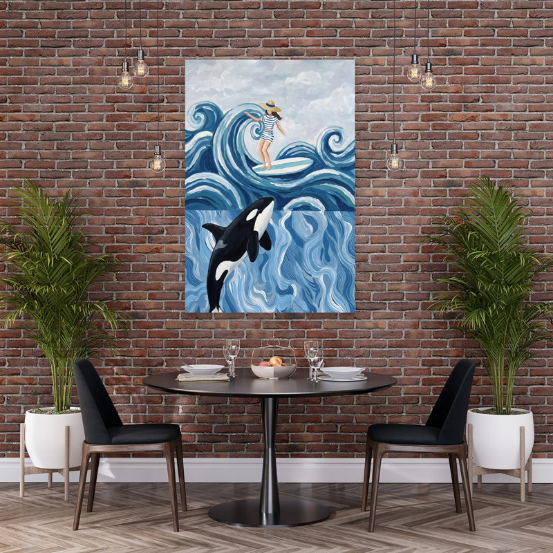 Surfer Girl And Orca Playful Contemporary Whale Beach Ocean Wall Art Print 1 Piece Wrapped Canvas Wall Art