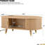 Table basse ovale cannelée avec station de charge, espace de rangement, porte de tambour coulissante et pieds en bois
