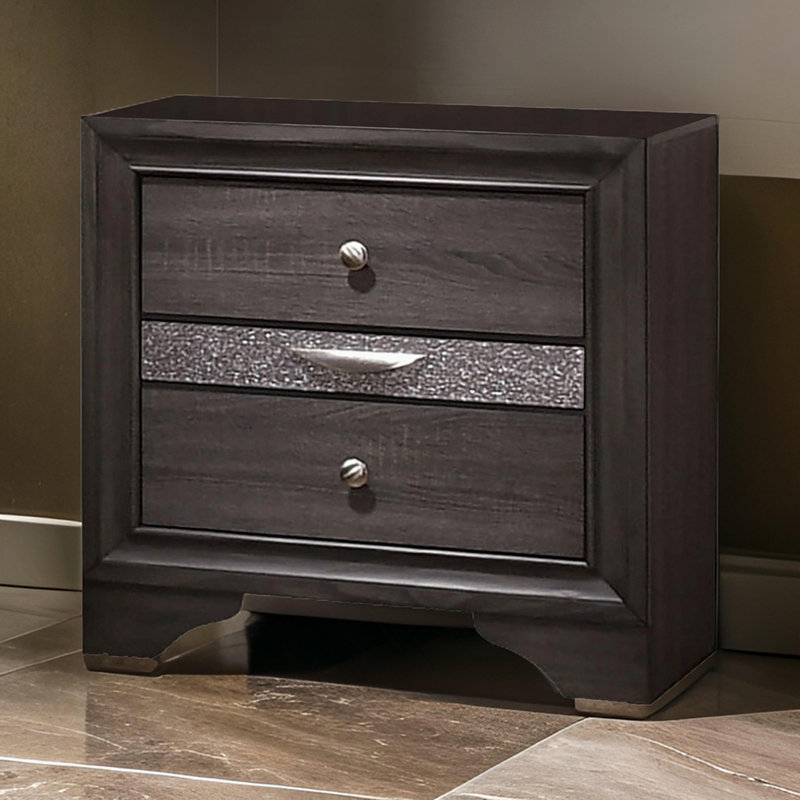 Table de chevet en bois avec 2 tiroirs et 1 tiroir à bijoux, gris et argent