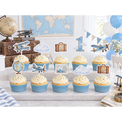 Custom Age Time Flies Airplane Cupcake Toppers, Birthday Party Decor, Set of 10 Cardstock Picks (Age: 3)