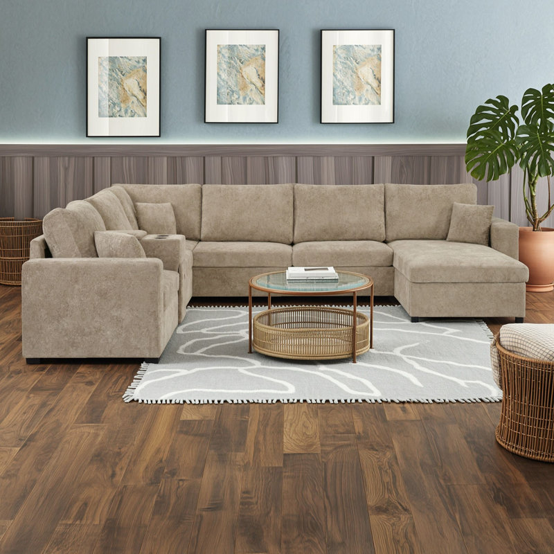 Canapé de coin avec tiroir, coussin et porte-gobelets, Brun