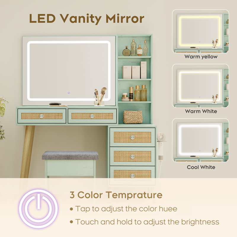 Boho Natural Rattan 43.3'' Wide Vanity With Led Mirror And Stool, Blue