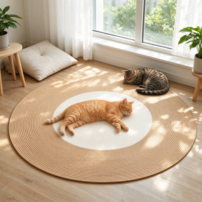 39.37in Large Round Woven Cat Scratch Mat, 2-in-1 Sisal Blend Cat Scratcher Rug for Rest & Play