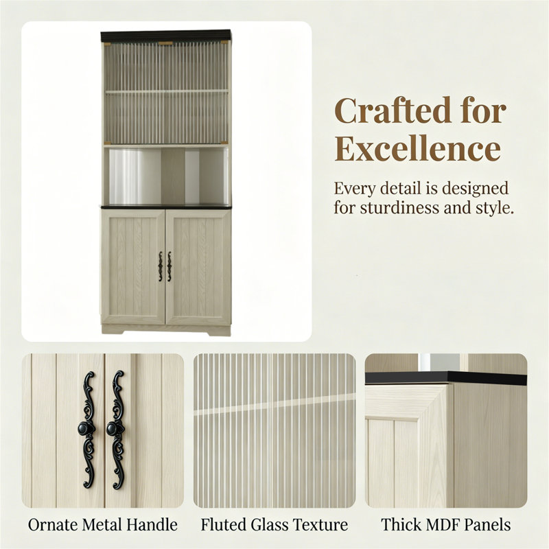Unité de rangement haute, armoire à vin d'angle, avec tablettes réglables et portes en verre trempé, cadre en bois, dossier en miroir, vitrine à 5 niveaux, armoire de bar, style Mid-Century moderne, blanc