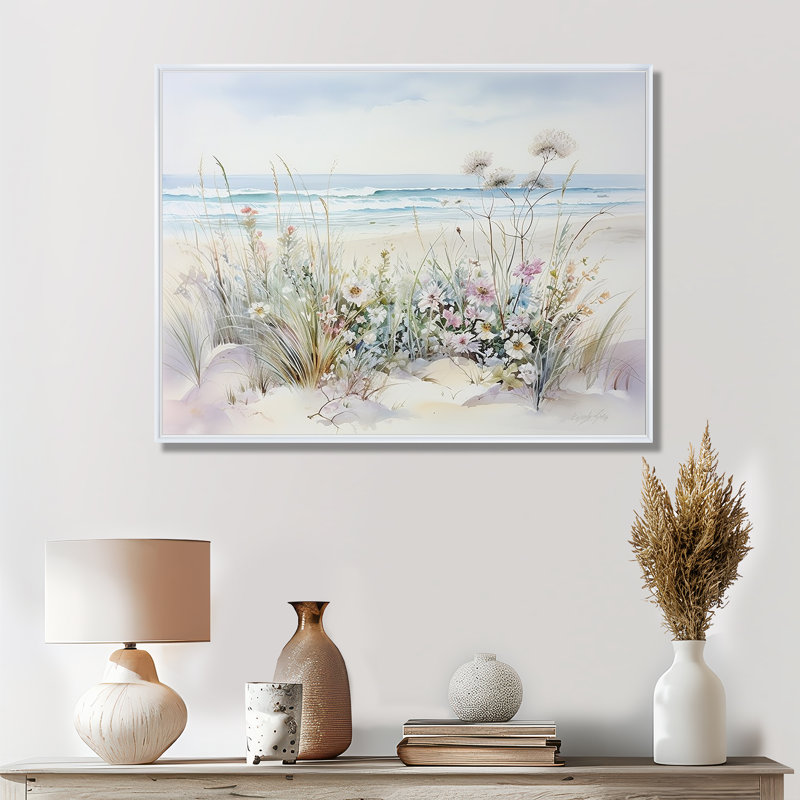 Fleurs sauvages sur la plage - Art mural fleurs sauvages, H 24 po x l 32 po, Reproduction avec cadre flottant, Blanc