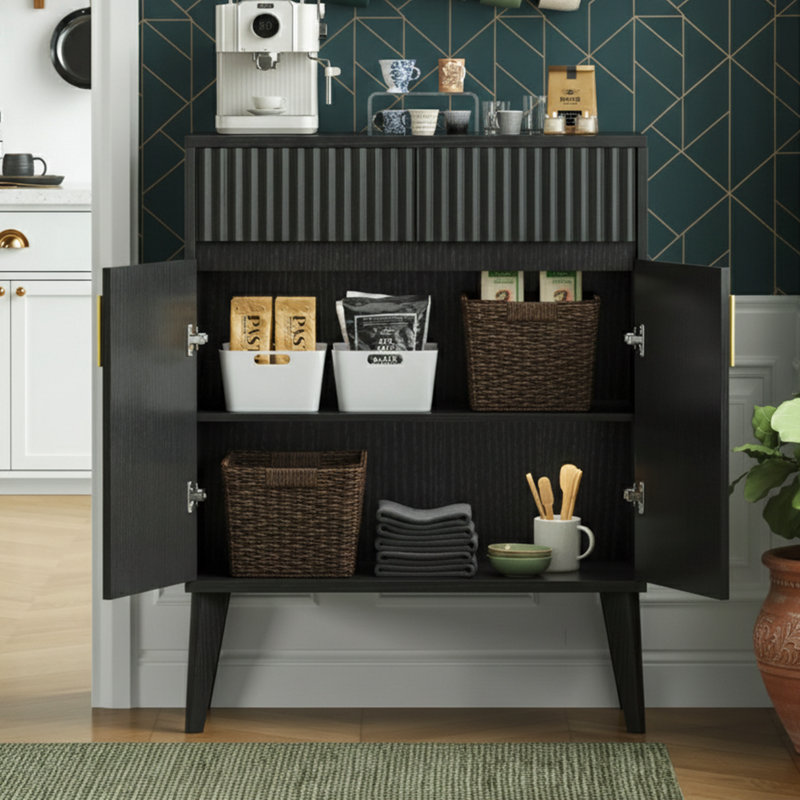 27.6" Wide Fluted Sideboard Cabinet With 2 Drawers And Adjustable Shelves - Black, Black
