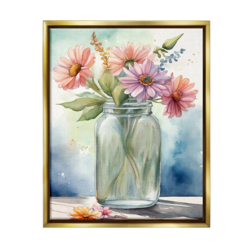"Gerbera Daisies In Jar Floater Frame" par Kim Allen sur, Cadre flottant métallique doré, H 21 po x l 17 po