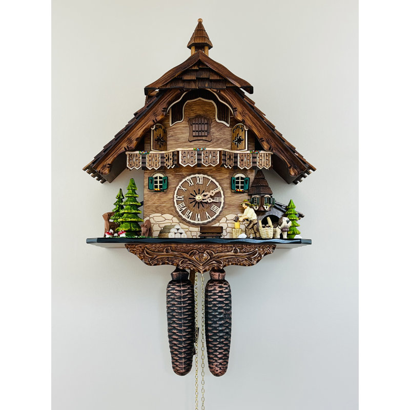  Eight Day Cuckoo Clock – 13 in Height – Cottage Turret with Animated Man Chopping Wood