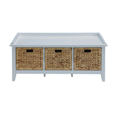 De style rectangulaire blanc et blanc avec 3 tiroirs de rangement, style transitionnel, structure en bois, tiroir Kd, glissières en métal à l'avant du panier, pieds en bois massif, placage, largeur 43 pouces, hauteur 19 blanc, siège 16