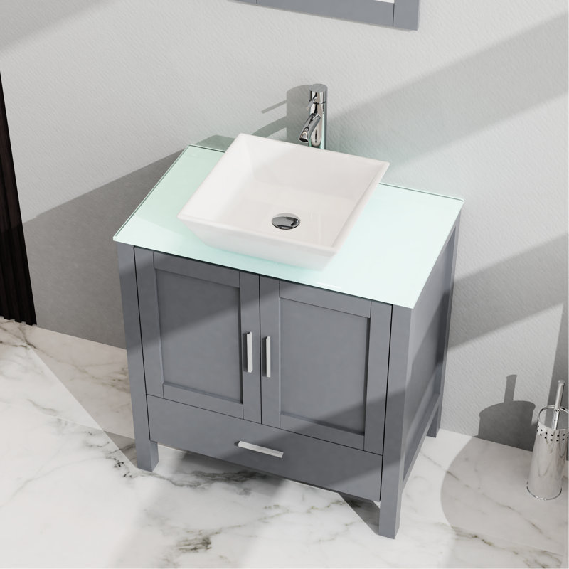 Meuble-lavabo de 30 po et lavabo, gris. Fabrication. Armoire de 18,5 po x 30 po x 31,5 po. Vaste espace de rangement. Design élégant pour miroir et comptoir en verre. Rangement spacieux à 2 portes et 1 porte. Meuble