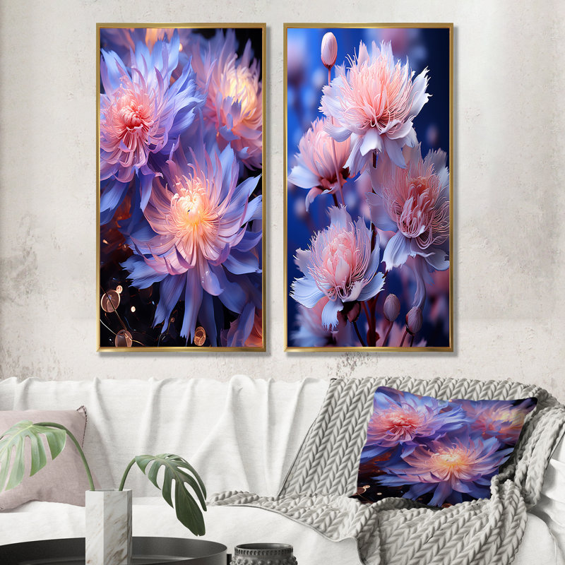 «Dreamy Purple Cornflowers Impression», ensemble de 2 impressions sur toile, H 40 po x l 41 po, Encadrement doré