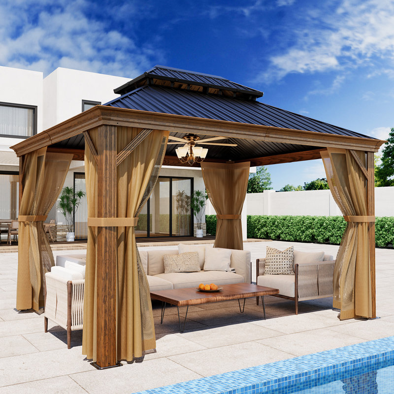 Pavillon de jardin en métal à toit double et toit rigide, L 126 po x L 144 po, Noyer